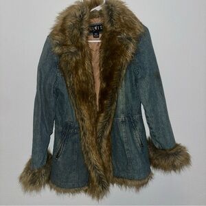 Vintage Y2K Denim western cowgirl Jacket Faux Fur Trim Women’s Small